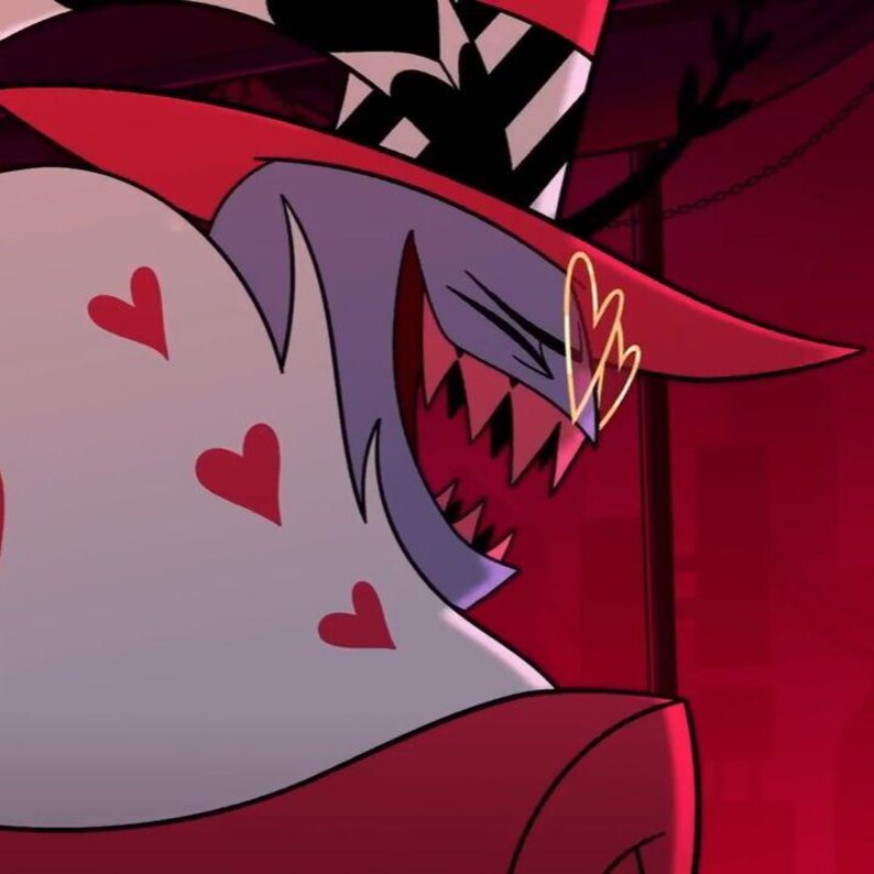 May include: A cartoon character with a red and black top hat, a white and red outfit with heart patterns, and a wide, toothy grin. The character has purple skin and a gold-colored monocle. The background is a deep red.
