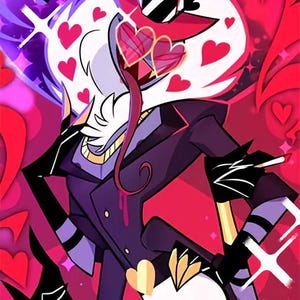 May include: Illustration of a character with a white face, heart-shaped sunglasses, and a top hat. The character wears a purple suit with gold accents and black gloves. The background is a gradient of red and pink with heart shapes.