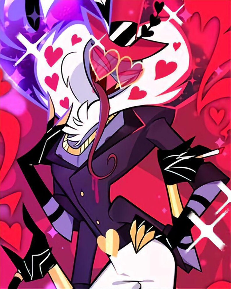 May include: Illustration of a character with a white face, heart-shaped sunglasses, and a top hat. The character wears a purple suit with gold accents and black gloves. The background is a gradient of red and pink with heart shapes.