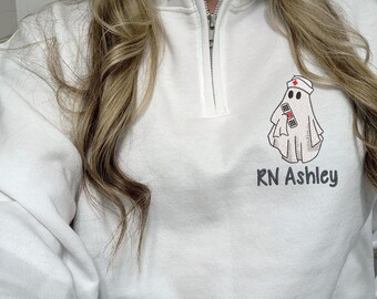 Nurse Halloween Sweatshirt Embroidery Custom Health Worker Gift Personalized Medical Apparel Ghost Design Pullover Embroidered Rn Gift LPN