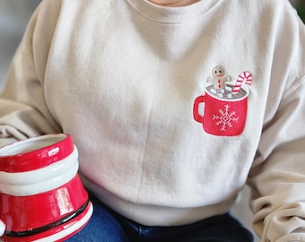 Christmas Sweatshirt Gingerbread Cookie Festive Wear Christmas Hot Chocolate Embroidered Cute Winter Clothing Christmas Embroidered Sweater