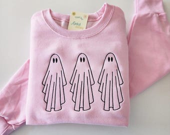 Embroidered Ghost Sweatshirt Women Cotton Crewneck Pullover Halloween Outfit Casual Fall Clothing Cozy October Top Spooky Aesthetic