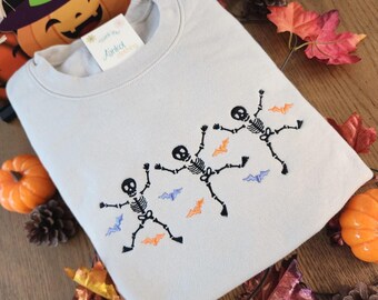 Halloween Embroidered Sweatshirt Skeleton Dancing Bat Pullover Trending Spooky Party Outfit Women Gift October Birthday Celebration Apparel