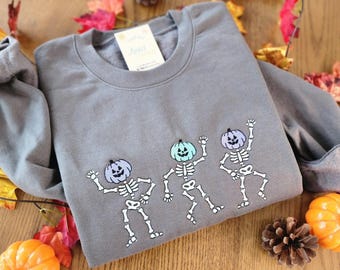 Halloween Embroidered Sweatshirt Skeleton Pumpkin Pastel Pullover Women Cute Spooky Shirt Fall Festival Clothing Autumn Casual Party Outfit