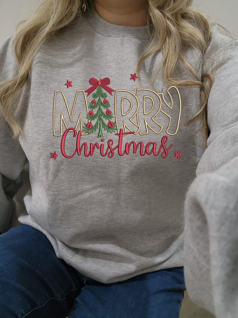 Christmas Tree Sweatshirt Embroidered Holiday Design Festive Winter Apparel Cotton Blend Comfort Casual Fashion Outfit Seasonal Clothing Gift Soft Material Quality Construction Multiple Color Options Size Range Available Holiday Party Wear