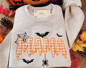 Halloween Mama Sweatshirt Spooky Mother Pullover Fall Mom Shirt Spider Bat Graphic Parent Top Autumn Seasonal Text Dripping Effect Apparel