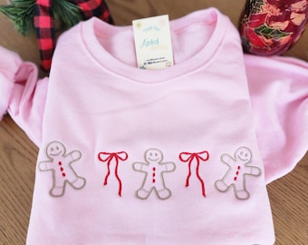 Christmas Gingerbread Sweatshirt Embroidered Design Festive Clothing Holiday Apparel Winter Fashion Women Outfit Cute Top Coquette Sweater