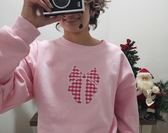 Christmas Sweatshirt Bows Preppy Style Custom Christmas Crewneck Ribbon Bow Applique Gift for Her Christmas Bow Embroidered Sweater Coquette