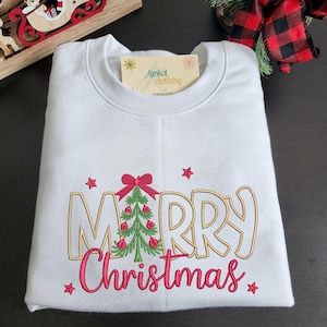 Christmas Embroidered Sweatshirt Holiday Design Tree Festive Apparel Winter Fashion Outfit Cotton Blend Casual Wear Party Seasonal Clothing Comfortable Fit Stylish Details Red Bow Ornaments Multiple Sizes Available Beige Black Green Pink