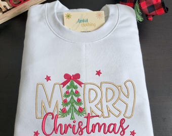 Christmas Embroidered Sweatshirt Holiday Design Tree Festive Apparel Winter Fashion Outfit Cotton Blend Casual Wear Party Seasonal Clothing