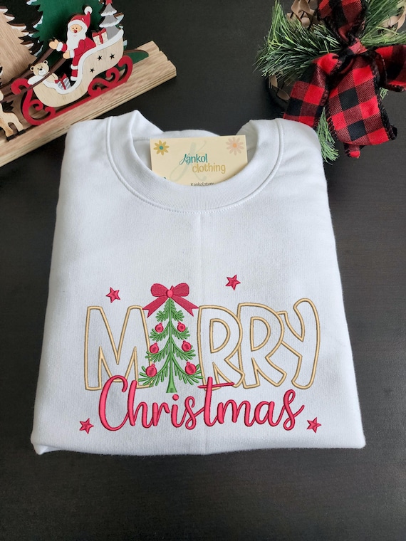 Christmas Embroidered Sweatshirt Holiday Design Tree Festive Apparel Winter Fashion Outfit Cotton Blend Casual Wear Party Seasonal Clothing