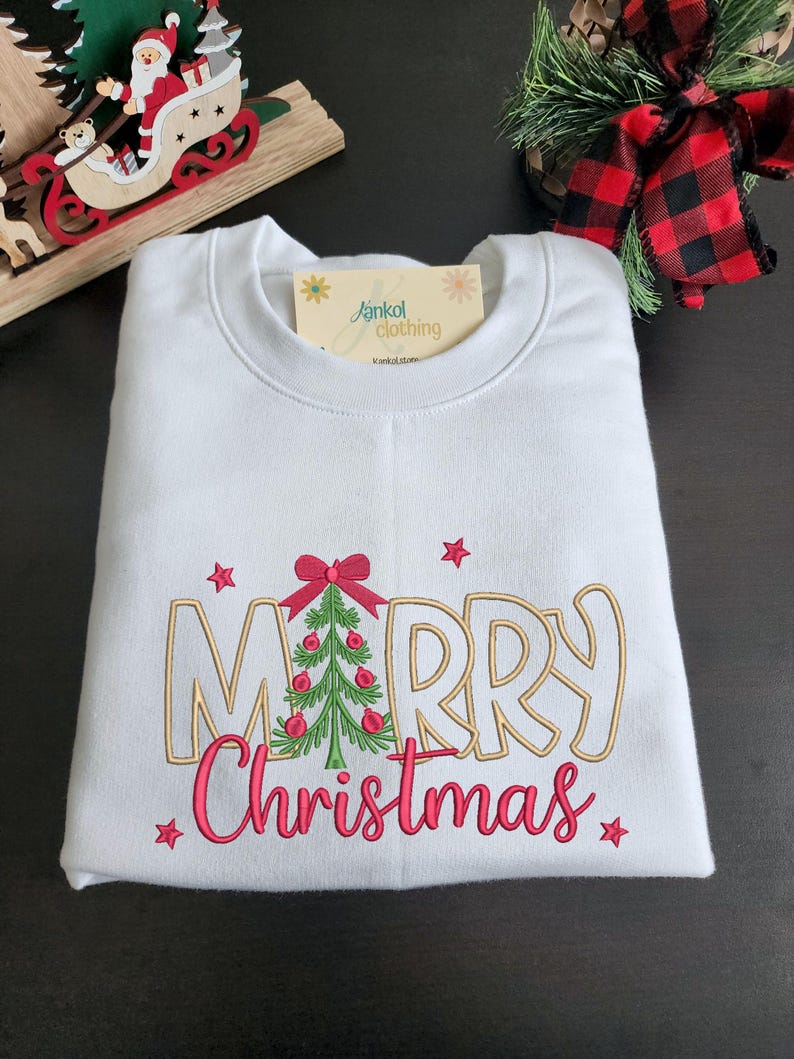 Christmas Embroidered Sweatshirt Holiday Design Tree Festive Apparel Winter Fashion Outfit Cotton Blend Casual Wear Party Seasonal Clothing Comfortable Fit Stylish Details Red Bow Ornaments Multiple Sizes Available Beige Black Green Pink