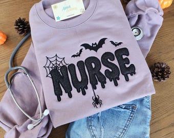 Nurse Halloween Sweatshirt Embroidered Design Spooky Medical Staff Gift Healthcare Worker October Costume Spider Web Bat Sweater Rn Apparel