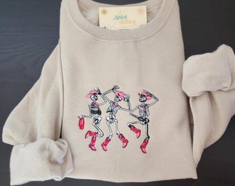 Halloween Embroidered Sweatshirt Skeletons Halloween Hoodie Cowgirl Hoodie Spooky Embroidered Crewneck Skeletons Halloween Sweatshirt