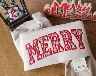 Embroidered Christmas Sweatshirt Women Holiday Party Outfit Festive Clothing Gift Idea Seasonal Wear Casual Crewneck Pullover Sweater Winter