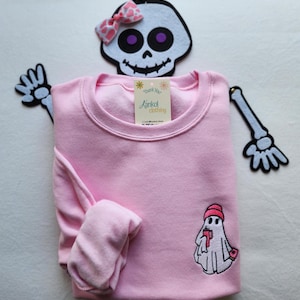 Felpa di Halloween ricamata con girocollo spettrale, carina con cappuccio di Halloween, felpa di Halloween ricamata, felpa di Halloween fantasma, donna