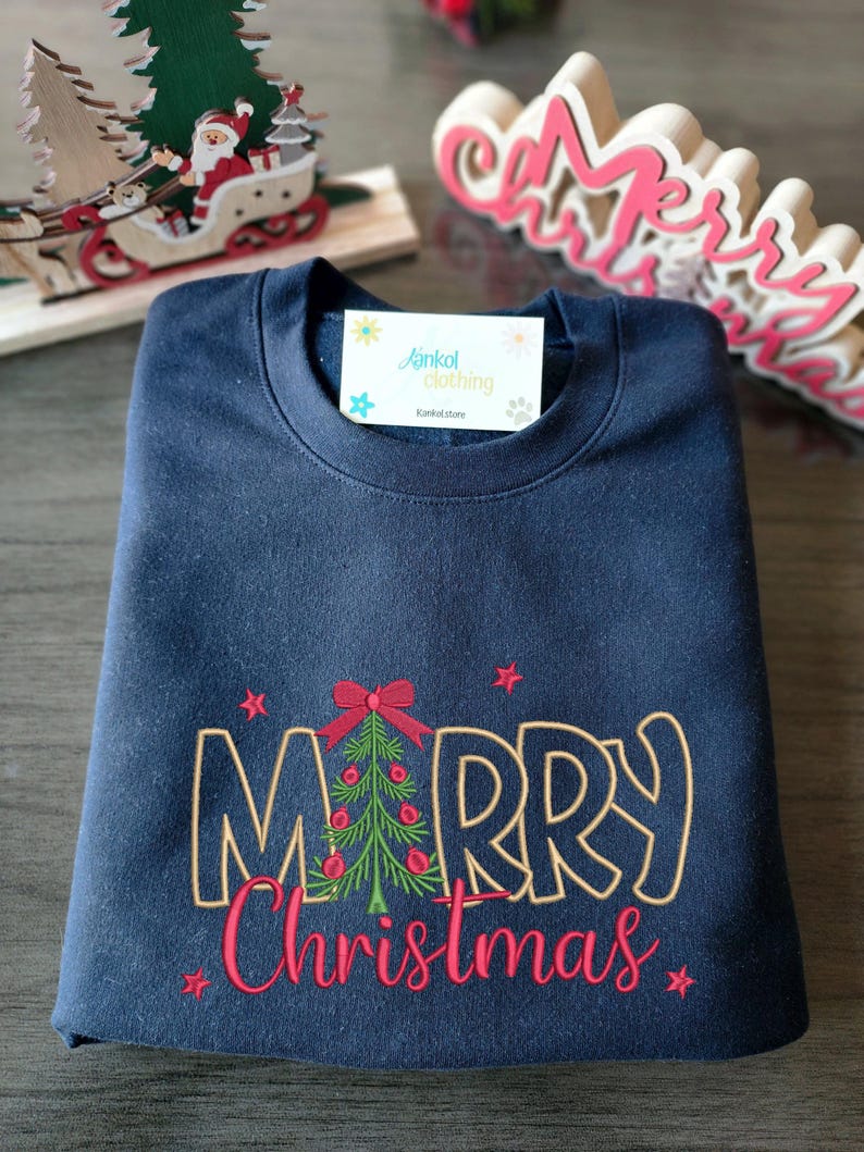 Festive Christmas Sweatshirt Embroidered Tree Design Holiday Apparel Winter Fashion Statement Cotton Blend Material Comfortable Casual Wear Seasonal Clothing Multiple Sizes Available Color Options Include Beige Black Green Pink White