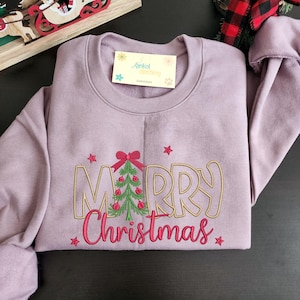 Winter Holiday Sweatshirt Christmas Embroidered Design Festive Tree Pattern Seasonal Apparel Cotton Blend Material Comfortable Casual Wear Party Outfit Multiple Colors Available Size Options Include Small Medium Large Extra Large Christmas