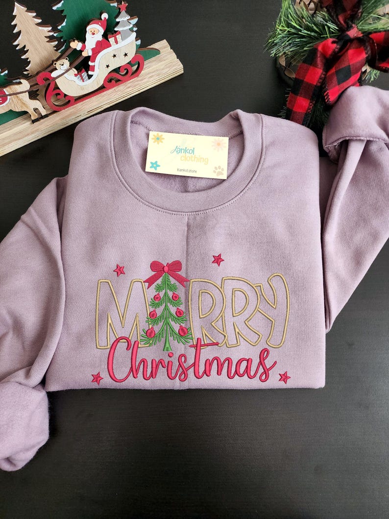 Winter Holiday Sweatshirt Christmas Embroidered Design Festive Tree Pattern Seasonal Apparel Cotton Blend Material Comfortable Casual Wear Party Outfit Multiple Colors Available Size Options Include Small Medium Large Extra Large Christmas