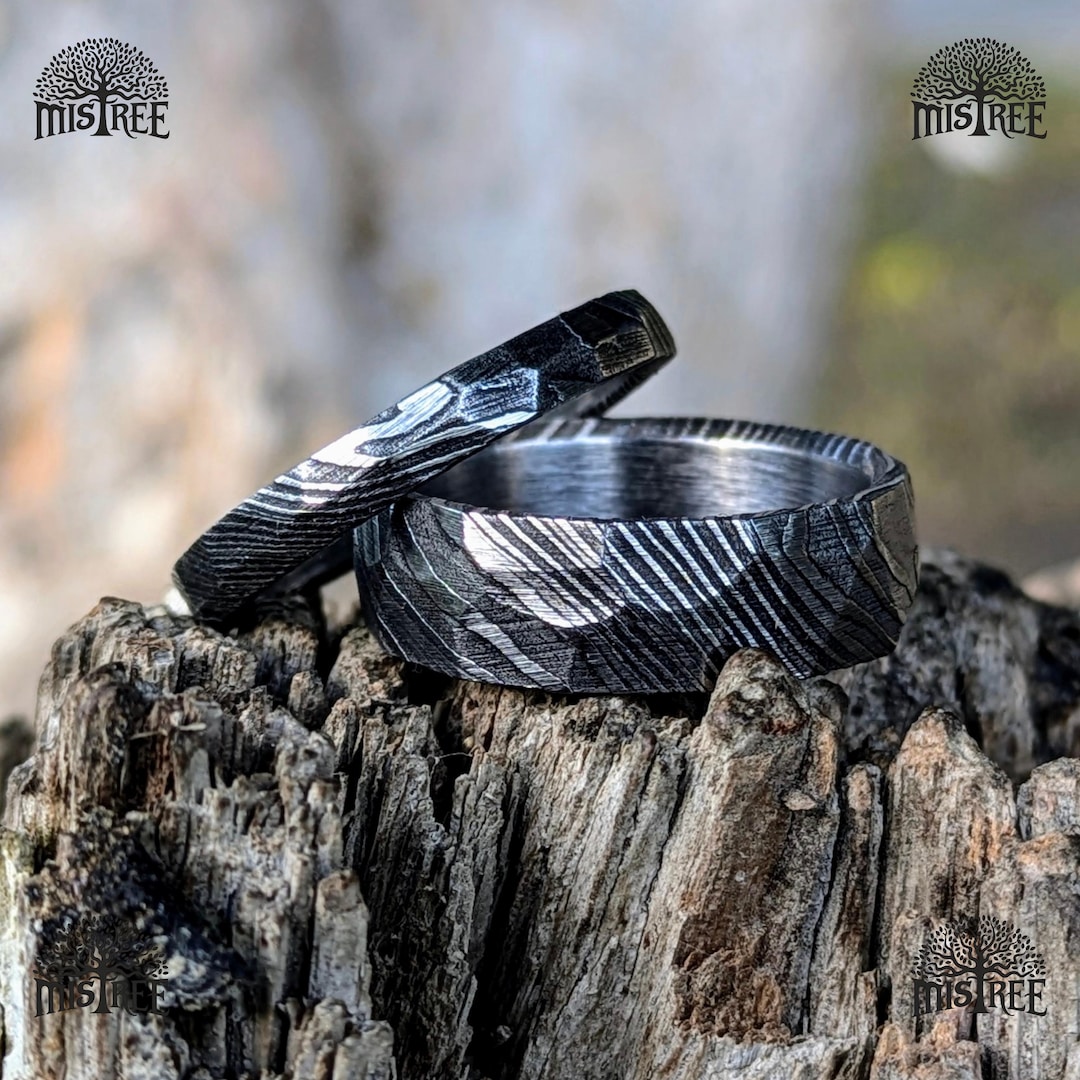 Custom Steel Rings Custom Engraved Damascus Steel Ring Set – 4mm/8mm Hammered Forged Bands ...
