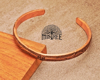 Handmade Copper Bracelet: Thin Band with Floral Engraving