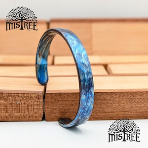 Titanium Damascus Cuff Bracelet for Men – Hammered Timascus Bangle - Forged Zircuti Heated Finish - 7mm Handmade Anniversary Jewelry Gift