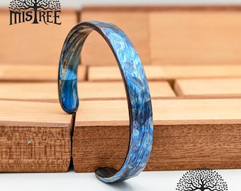 Titanium Damascus Cuff Bracelet for Men – Hammered Timascus Bangle - Forged Zircuti Heated Finish - 7mm Handmade Anniversary Jewelry Gift