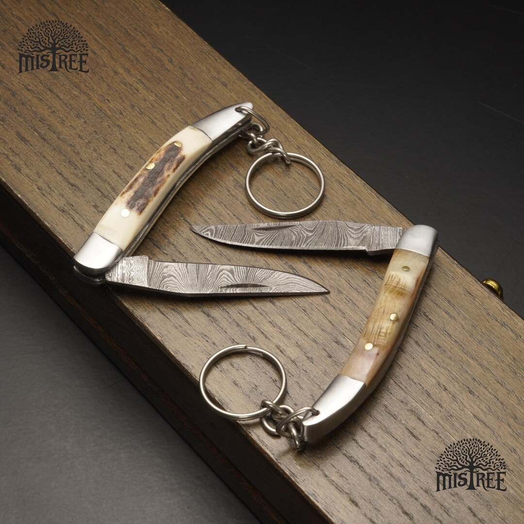 Handmade Damascus Keychain Knife: Stag & Sheep Horn Handle - Etsy