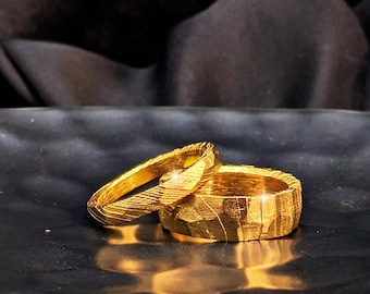 Hand Forged Gold Damascus Steel Wedding Bands: Hammered Couple Rings