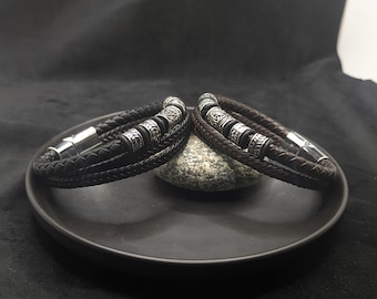 Viking Bead Crown Leather Bracelet - Handmade Black & Brown Braided Armlet, Genuine Leather, Unique Norse Inspired, Bead Crown Detailed