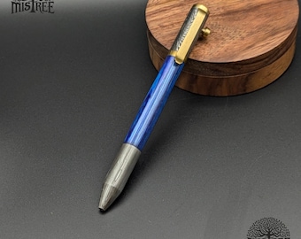Hand-Forged Damascus Steel Executive Pen with Brass Bolt Clip – Whiskey Barrel Blue Wood Accents – Premium Ballpoint Writing Instrument