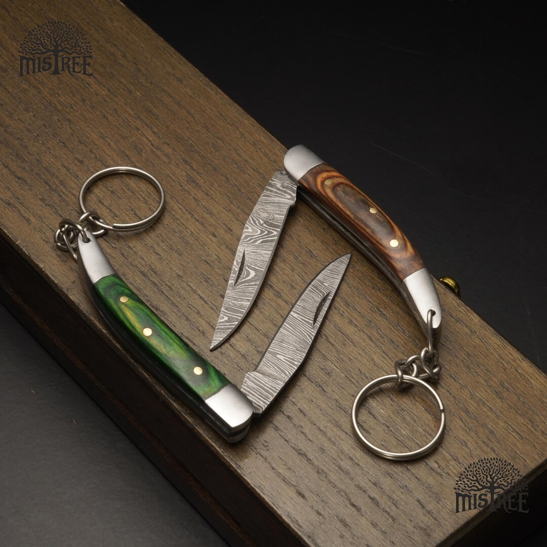 Handmade Premium Damascus Knife Keychain Wooden Handle, Damascus Steel ...