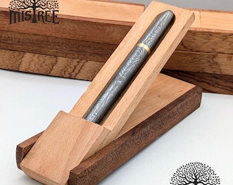 Handmade Damascus Steel Bullet Pen with Brass Accents, Forged Damasteel Ballpoint Pen with Cap, Luxury Executive Writing Gift in Wooden Box