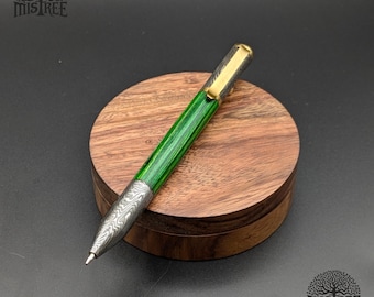 Hand Forged Damascus Steel Pen with Brass Bolt Clip – Whiskey Barrel Wood Accents – Premium Ballpoint Writing Instrument, Anniversary Gift