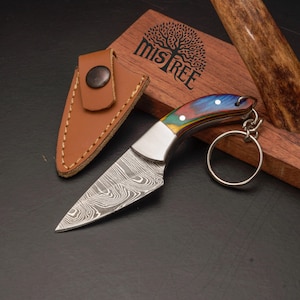 Cuchillo de caza de 4 pulgadas con llavero y mango de madera de color arcoíris con funda de cuero, cuchillo con medallón de acero de Damasco, dispositivo abrecartas