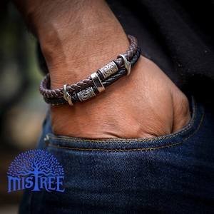 Brown and Black Multi Layered Celtic Double Braided Bracelet for Men, Stainless Steel Beaded Pure Leather Wristlet for Anniversary 2025