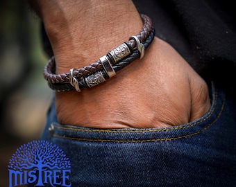Brown and Black Multi Layered Celtic Double Braided Bracelet for Men, Stainless Steel Beaded Pure Leather Wristlet for Anniversary 2025