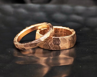 Hand-Forged Rose Gold Wedding Bands: Rustic Hammered Couple Rings