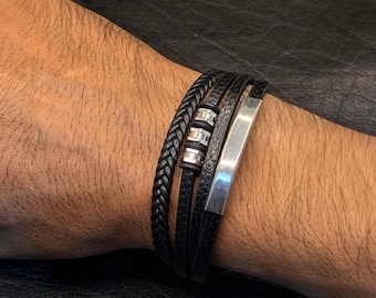 Viking Bead Crown Leather Bracelet Handmade Black Brown Braided Armlet,  Genuine Leather, Unique Norse Inspired, Beaded Crown Wristlet