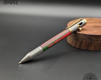 Handmade Damascus Steel Pen - Whiskey Barrel Wood & Brass Bolt Action - Luxury Vintage Ballpoint Gift for Men, Executive Writing Instrument