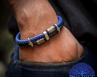 Keltisches Doppelgeflochtenes Armband für Männer in Blau und Schwarz, Edelstahlperlen aus reinem Leder zum Jubiläum 2026