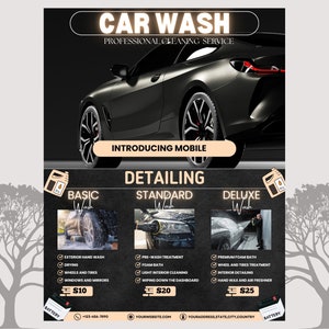 Folheto de detalhamento de carro, folheto de lavagem de carro, folheto de serviços automotivos, folheto de mídia social, design de folheto comercial Canva, folheto de serviços de veículos 2024