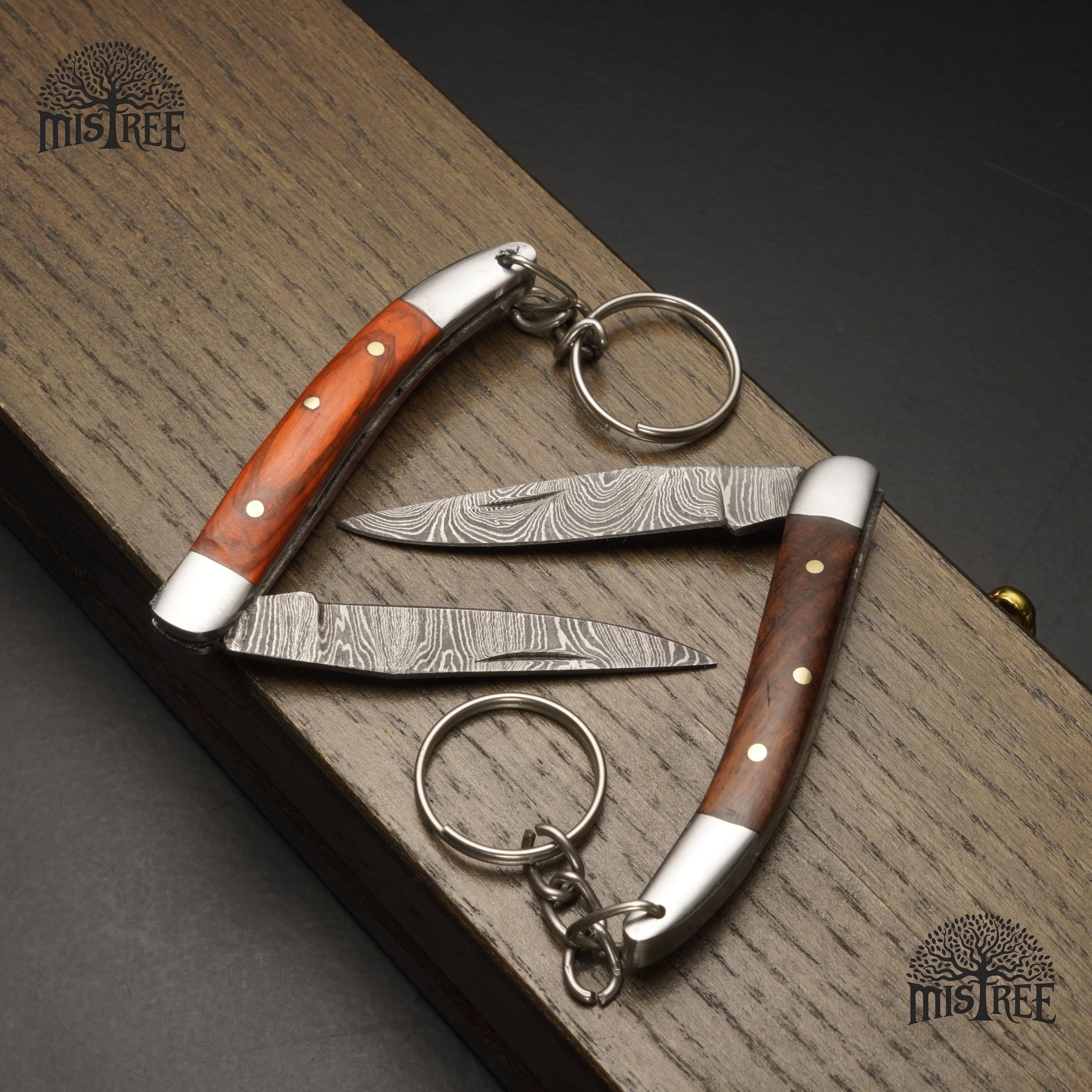 Handmade Damascus Steel Keychain Knife: Wooden Grip Pocket Knife - Etsy