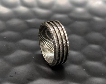 Handcrafted Damascus Steel Viking Ring: Tribal Inlay Wedding Band