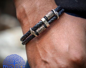 Black Multi Layered Celtic Double Braided Bracelet for Men, Stainless Steel Beaded Pure Leather Wristlet for Anniversary 2025, Magnet Lock