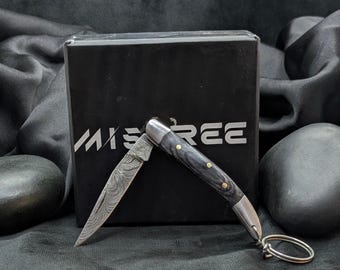 Handmade Damascus Knife Keychain with Wooden Grip, Handcrafted Damascus Steel Pocket Knives, Damascus Folding Blade Keychain, Paper Cutter