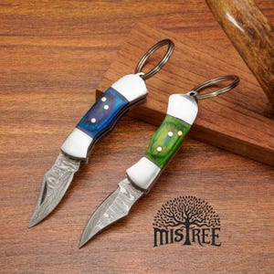 Mini cuchillo plegable de acero de Damasco forjado a mano con empuñadura de resina, navajas de bolsillo de acero de Damasco, cuchillo con medallón de metal, abrecartas, regalo para él