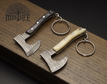 Hand Forged Damascus Mini Hatchet Keychain: Wooden or Bone Grip