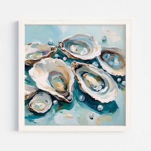 Pastel Blue Oyster Shell Painting | Beach House Kitchen Art Print | Abstract Coastal Colorful Summer Dining Room Printable Digital Download