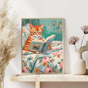Orange Tabby Cat Book Lover Print, stack of books painting, bookworm printable art, wall art digital print,  cat art for kids room, nursery art